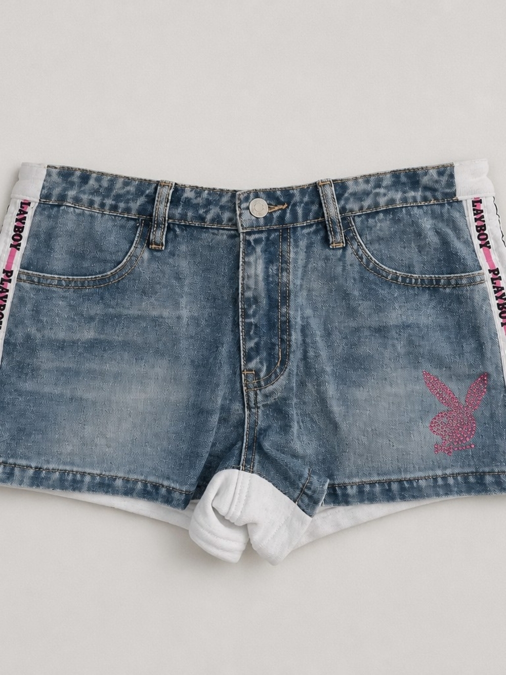 PLAYBOY Blue Denim Shorts with Pink Bunny Detail